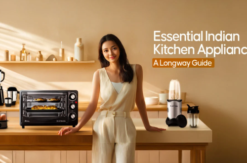 A modern kitchen featuring smart appliances including an air fryer, blender, coffee maker, microwave, refrigerator, and dishwasher in a stylish home.