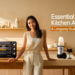 A modern kitchen featuring smart appliances including an air fryer, blender, coffee maker, microwave, refrigerator, and dishwasher in a stylish home.