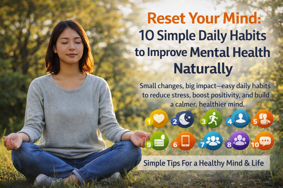 Person practicing self-care with meditation, healthy food, skincare, journaling, and relaxation for a balanced lifestyle in 2026.