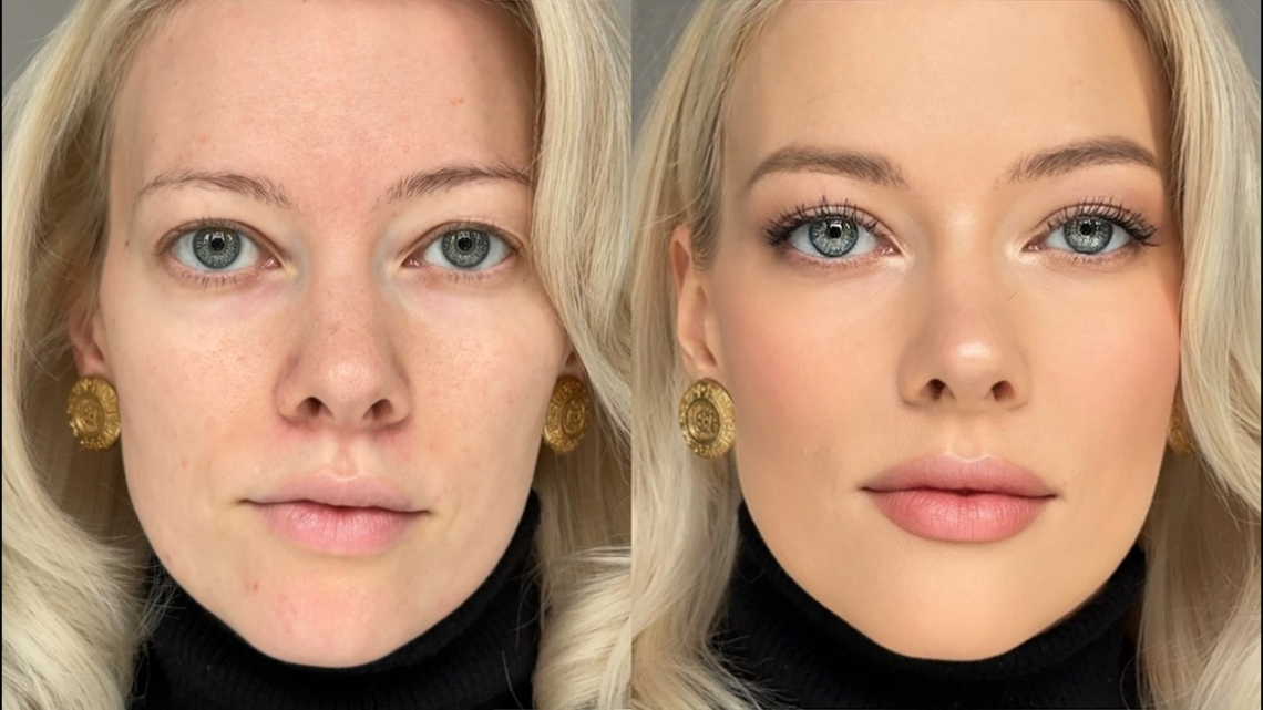 Minimal makeup look with natural skin, soft blush, defined brows, and glossy lips
