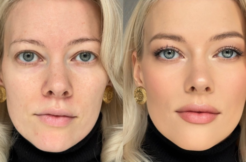 Minimal makeup look with natural skin, soft blush, defined brows, and glossy lips