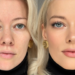 Minimal makeup look with natural skin, soft blush, defined brows, and glossy lips